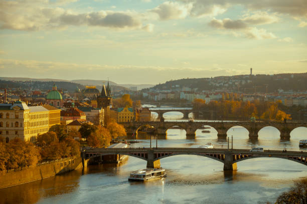 istock landscape with Vltava river, Karlov most and boat 1490672805