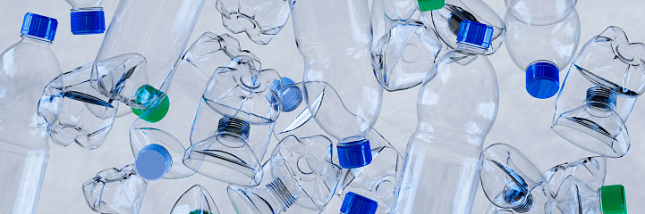 Large collection of clear used water bottles grouped together concept 3d render