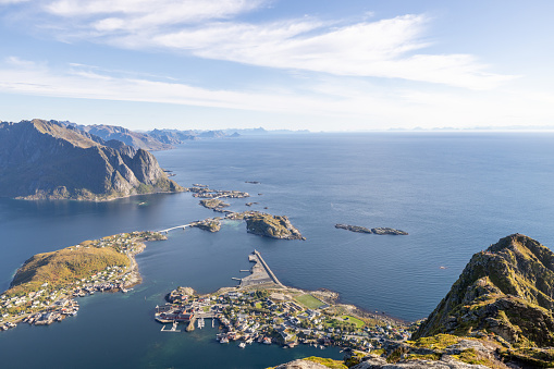 View from the mountain top, beautiful day on top of the islands. Lofoten archipelago