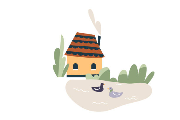 istock Small house near pond with ducks vector illustration isolated on white background 1490674949