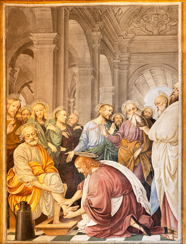 Varallo -  The renaissance fresco Jesus washing the apostles' feet in the church Chiesa Santa Maria delle Grazie  by Gaudenzio Ferrari (1513).