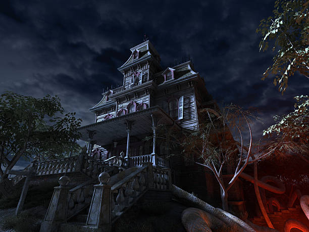 Haunted house House on haunted hill with evil coming from the right. horror stock pictures, royalty-free photos & images