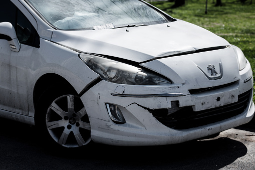 Minsk, Belarus, May 2023 - broken peugeot car.  crash automobile