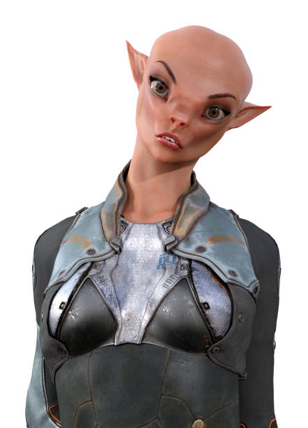 Illustration of a strange pointed ear alien with head tilted looking forward on a white background.