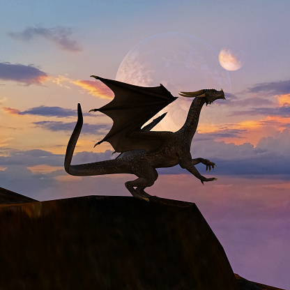 3d illustration of large horned dragon atop a mountain as night falls with a colorful sunset on an alien world with a planet and moon in the background.