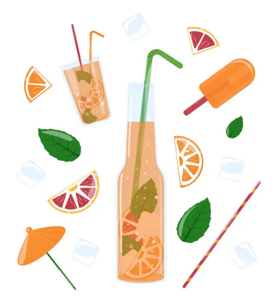 Vector illustration of Glass bottle with orange juice, ice cream, cocktail, mint, ice, straws. Summer lemonade with ice. Soft drink.