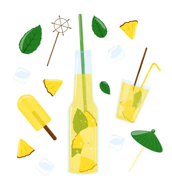 Vector illustration of Glass bottle with pineapple juice, ice cream, cocktail, mint, ice, straws. Summer lemonade with ice. Soft drink.