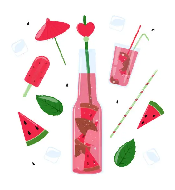 Vector illustration of Summer lemonade with ice. Soft drink. Glass bottle with watermelon juice, ice cream, cocktail, mint, ice, straws.