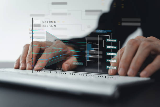 Engineer working with database for digital data design or cyberspace network and connection. Information science system analysis, planning and development. Big data program software management concept ingeniero trabajando con base de datos para diseño de datos digitales o red y conexión del ciberespacio. análisis, planificación y desarrollo de sistemas de ciencia de la información. concepto de gestión de software de programas de big data