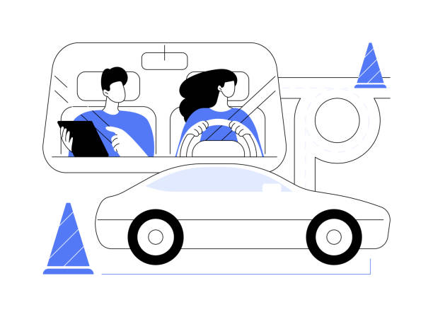 Learn basic maneuvering abstract concept vector illustration. Learn basic maneuvering abstract concept vector illustration. Woman learning to drive with instructor, personal transport, car driving school, elementary vehicle maneuvering abstract metaphor. disney cars stock illustrations