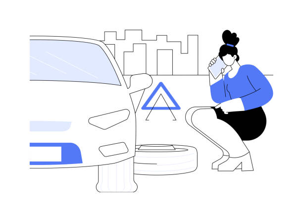 Flat tire problem abstract concept vector illustration. Flat tire problem abstract concept vector illustration. Woman with smartphone calls an insurance company worker, damaged personal transport, road accident, car breakdown abstract metaphor. personal accident insurance icon stock illustrations