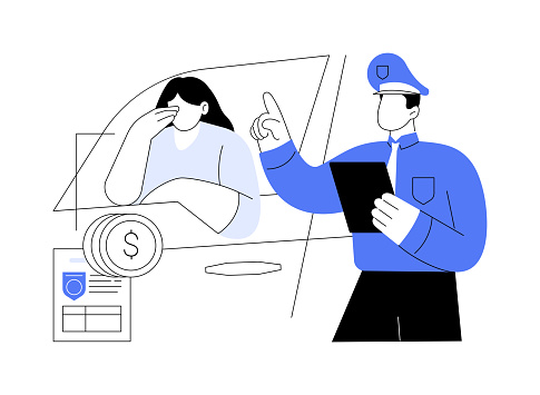 Violate traffic rules abstract concept vector illustration. Policeman writes a woman a fine for traffic violations, personal transport owner, road accident, car breakdown abstract metaphor.