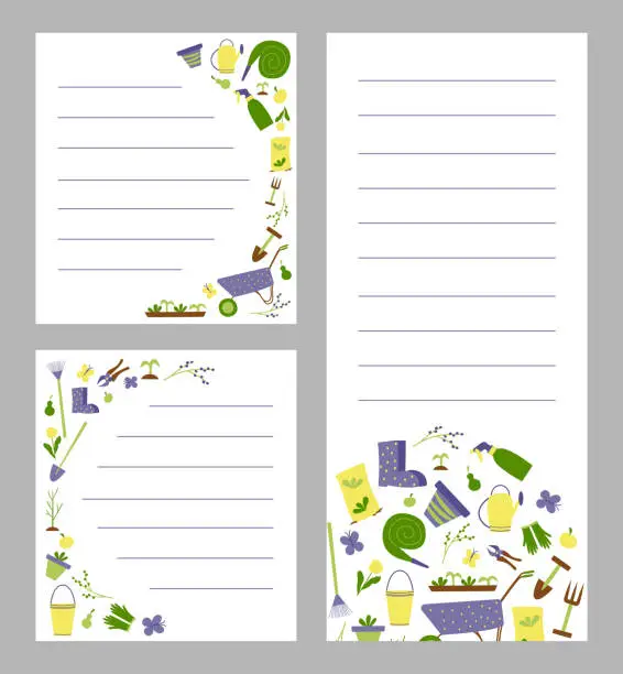 Vector illustration of Set of cards for notes with gardening design elements. Hand drawn vector illustration.