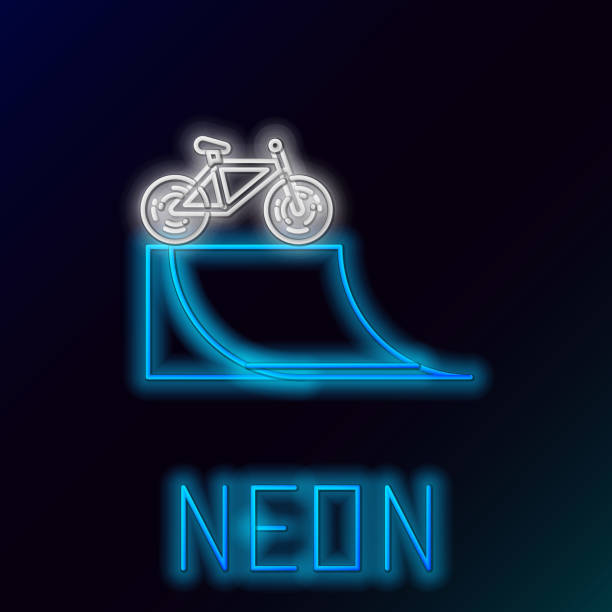 istock Blue glowing neon line Bicycle on street ramp icon isolated on black background. Skate park. Extreme sport. Sport equipment. Colorful outline concept. Vector Illustration 1490681575