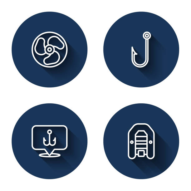 Set line Outboard boat motor, Fishing hook, and Inflatable with with long shadow. Blue circle button. Vector Set line Outboard boat motor Fishing hook and Inflatable with with long shadow. Blue circle button. Vector. barb feather part stock illustrations