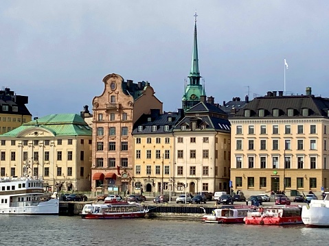 Stockholm city center historic architecture view, Riddarholmen square, capital of Sweden