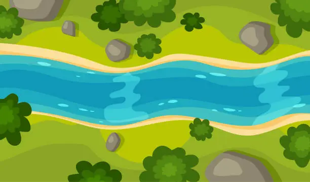 Vector illustration of Flowing river top view.