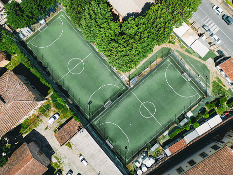 Aerial view of two soccer fields. 5-a-side soccer.