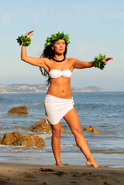 Polynesian Dancer beautiful young Polynesian woman performing traditional dance on beach hula dancing stock pictures, royalty-free photos & images