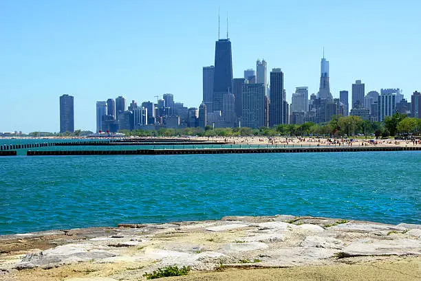 View of the Chicago skyline from the shore of Lake Michigan.