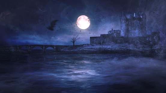 Dark Lake Castle with Bats Flying features an old castle by an eerie lake and full moon with rolling fog and bats flying.