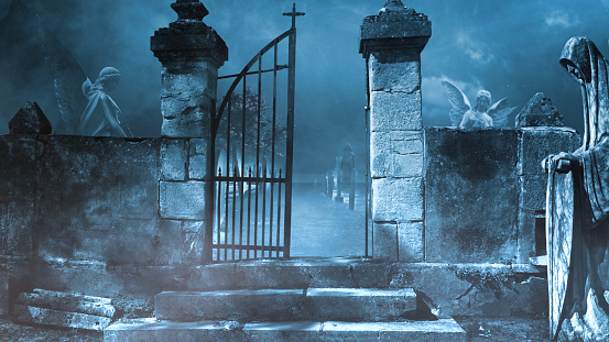 Eerie Cemetery Gate with Blue Foggy Atmosphere features an old cemetery with a gate falling off and statues with fog.
