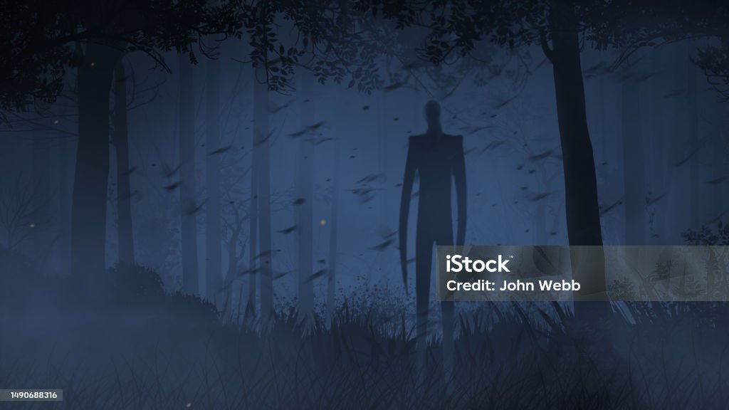 Slender Creature in Foggy Forest with Bats Slender Creature in Foggy Forest with Bats features a dark forest with a slenderman creature with bats flying. Slenderman - Fictional Character Stock Photo