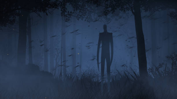 Slender Creature in Foggy Forest with Bats Slender Creature in Foggy Forest with Bats features a dark forest with a slenderman creature with bats flying. slenderman fictional character stock pictures, royalty-free photos & images