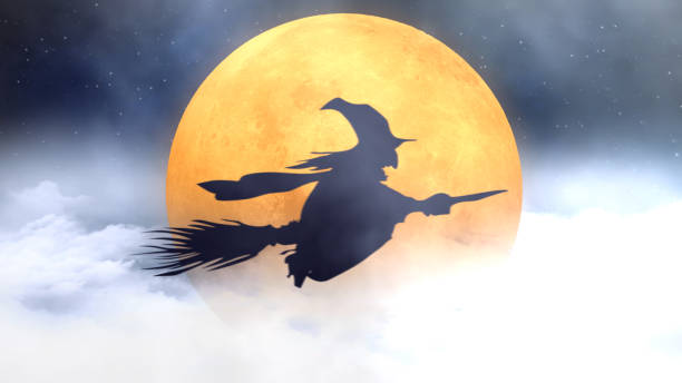 istock Witch Silhouette Flying Broom Past Orange Moon 1490688321