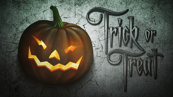Trick or Treat Pumpkin Wall Smash features a pumpkin smashed into a grunge wall creating a hole with cracks and Trick or Treat text.
