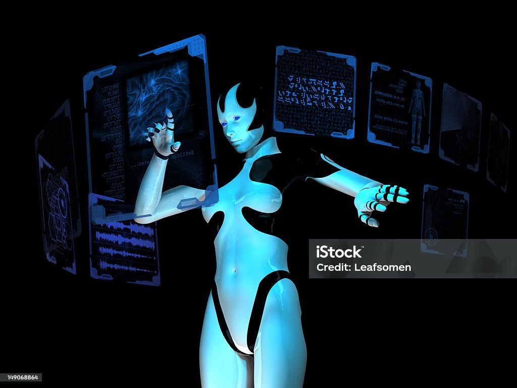 Cyborg utilizzando computer - Foto stock royalty-free di Acciaio