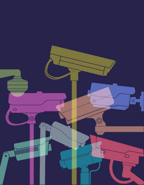 CCTV or Security Cameras Colourful overlapping silhouettes of CCTV cameras. cctv camera, video camera, Surveillance, Monitor, crime, burglary, watching, security camera, warning, danger, civil liberties, Big Brother, Artificial Intelligence, Facial Recognition Technology, cctv camera overlay stock illustrations
