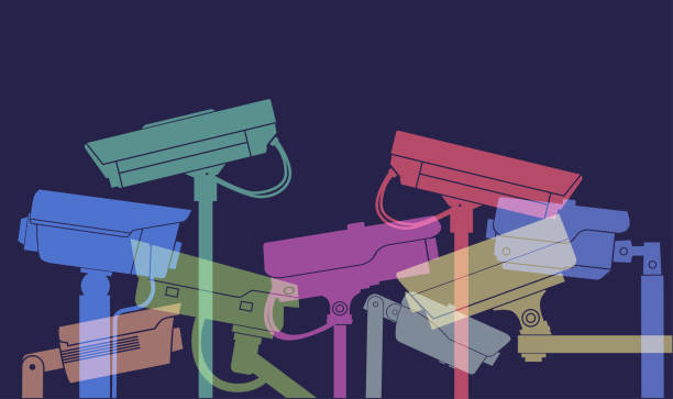 CCTV or Security Cameras Colourful overlapping silhouettes of CCTV cameras. cctv camera, video camera, Surveillance, Monitor, crime, burglary, watching, security camera, warning, danger, civil liberties, Big Brother, Artificial Intelligence, Facial Recognition Technology, cctv camera overlay stock illustrations