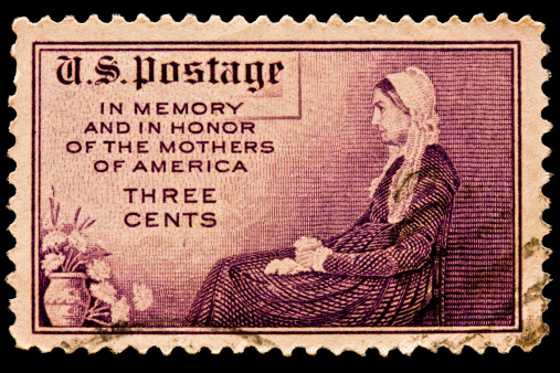 Honoring mothers on Mother's Day postal stamp was issued in 1934. Adaption of Whistler's portrait of his mother.