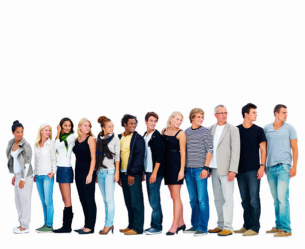 istock Men and women looking back against white background 149069188
