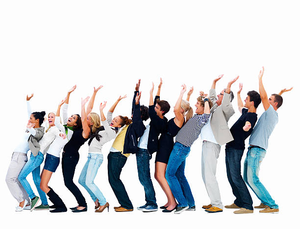 istock Excited men and women with hands raised 149069196