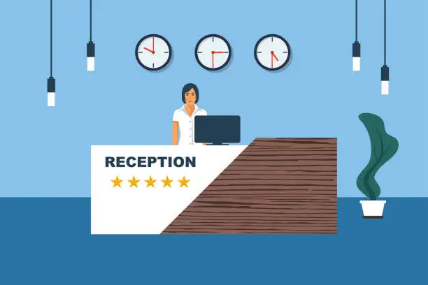 Vector illustration of Hotel reception. Registration stand. Woman registrar accepts the client.