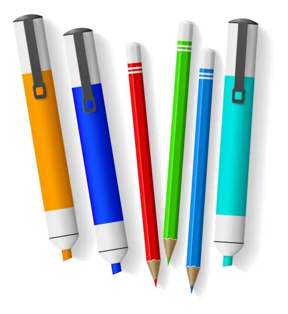 Vector illustration of Realistic school supply. Office stationery. Color highlighters. Sharpened pencils. Children painter education. Graphite pens and pigment markers for writing. Vector drawing tools set