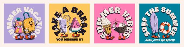 posters Set of summer retro posters or cards with walking funny cute comic characters. Lettering illustration for t-shirt print. Suitcase, ice cream, cocktail, spf cream, watermelon, pool float, surf cartoon t shirt design stock illustrations