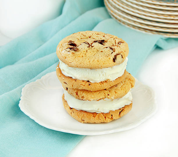 istock Two chocolate chip cookie ice cream sandwiches on a plate 149069487