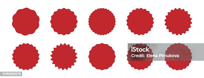 istock Wavy edge circle sticker. Star burst shape tags for price. Blank sale round sticker. Empty promo badge. Simple circle red wax seal. Vector illustrations set isolated on white background 1490696575