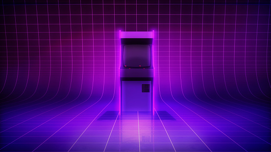 Wide shot of an old style, arcade machine cabinet, in a purple, neon retro environment