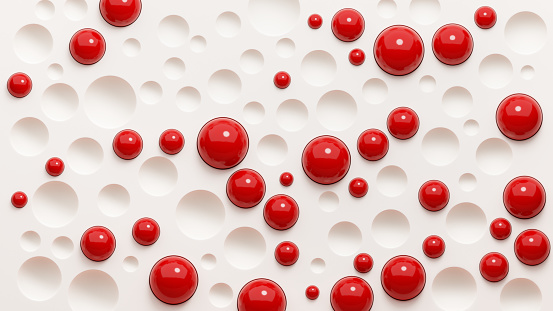 Fondo blanco geométrico abstracto con celdas vacías y esferas rojas brillantes. Ilustración de renderizado 3D. photo