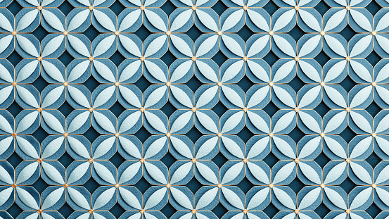 Abstract geometric beautiful pattern background. Shiny ceramic blue tiles with golden elements. 3d render illustration.