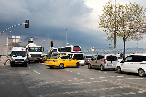 Cityscape of Istambul, traffic at streets intersection, Turkey.