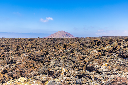 Panoramic view over the barren volcanic Timanfaya National Park on Lanzarote during daytime