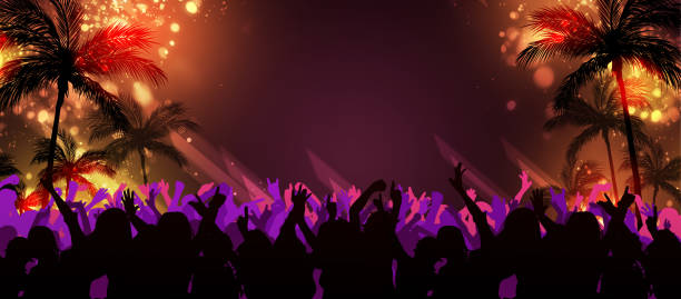 colorful synthpop crowd beach festival. palms music disco retro banner