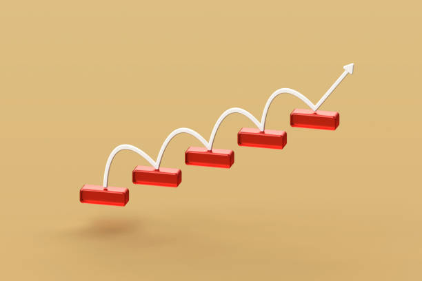 istock Red glass block stacking as step stair with white curved arrow up on orange background, Ladder of success in business growth concept, copy space. 3d rendering 1490700022