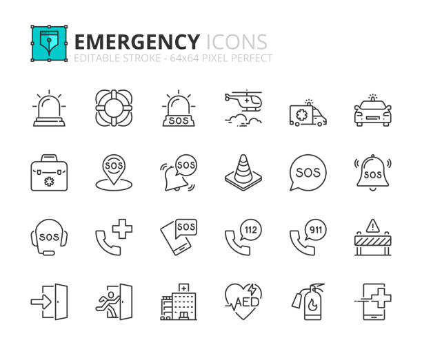 비상 사태에 대한 간단한 개요 아이콘 세트 - paramedic fire department emergency sign healthcare and medicine stock illustrations