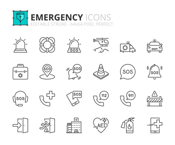 Simple set of outline icons about emergency Line icons about emergency. Contains such icons as SOS, urgency, vehicles and emergency call. Editable stroke Vector 64x64 pixel perfect emergency sign stock illustrations